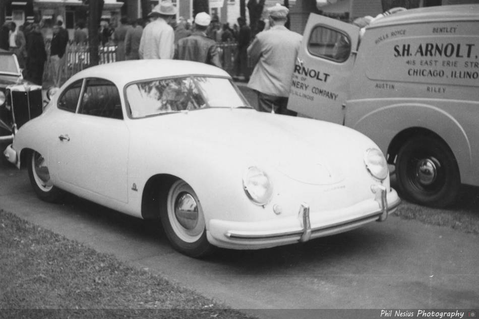 Porsche 356 in front of S.H. Arnolt van at Elkhart Lake, WI July 1952 ~ 137E_0009 ~ 