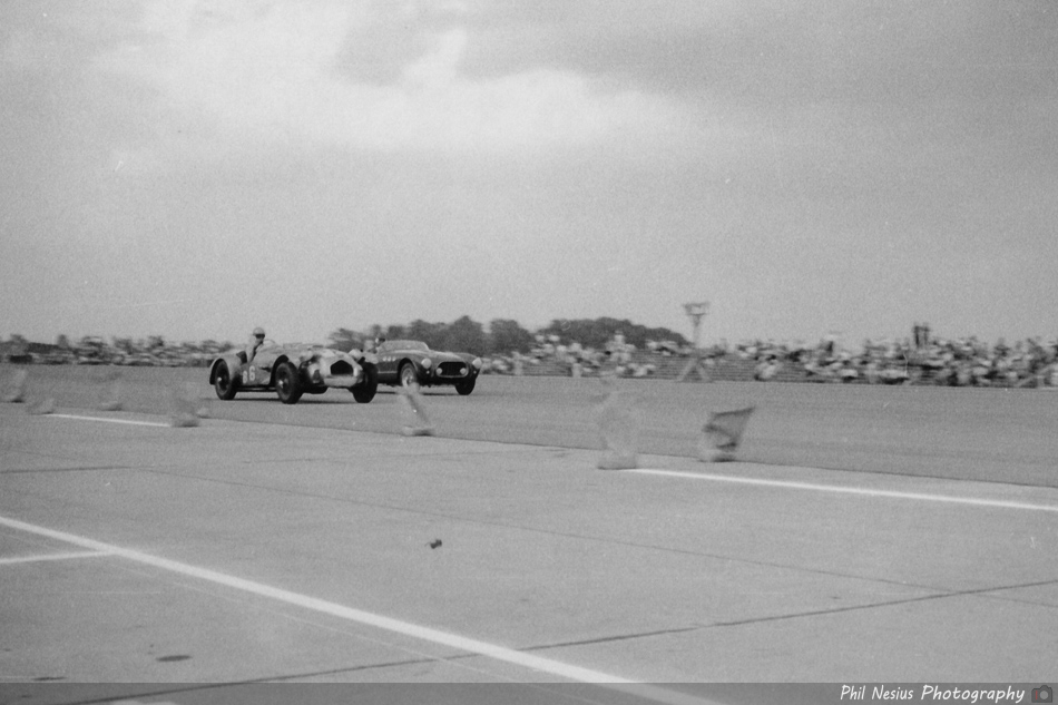 Allard J2X number 6 driven by Fred Warner and Ferrari 340 America number 5 driven by Jim Kimberly at Lockbourne AFB August 1953 ~ 493K_0011 ~ 