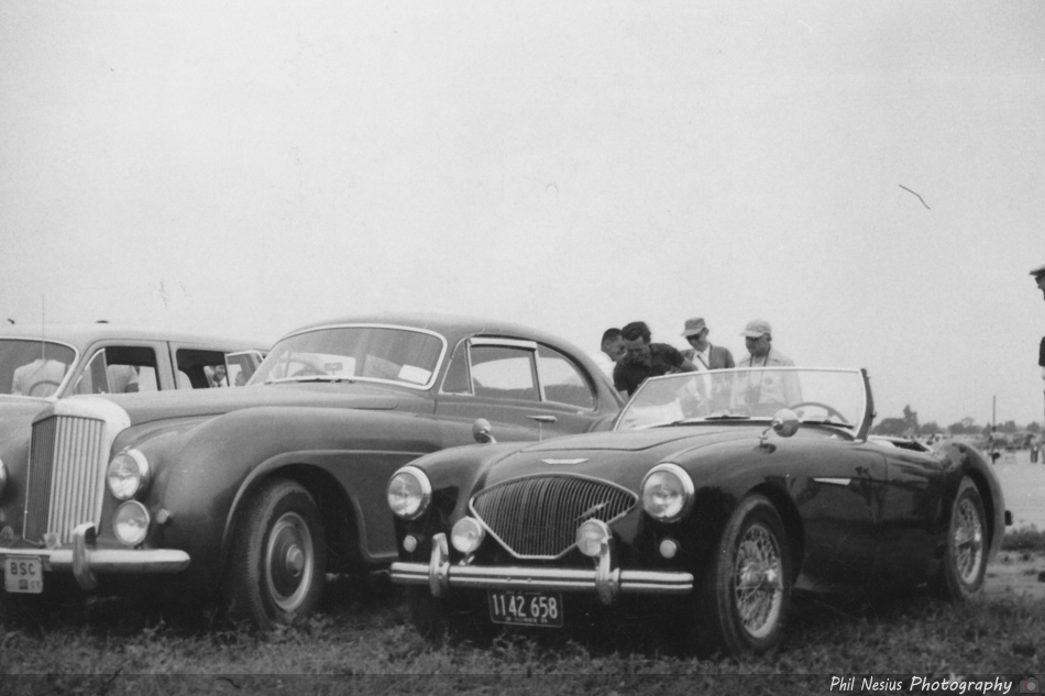 Dads Austin Healey 100/4 parked next to Briggs Cunningham Bentley Continental BC4A at Lockbourne AFB August 1954 ~ 677L_0009 ~ 