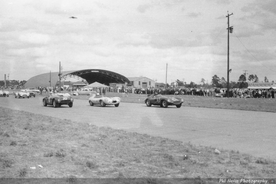 Ferrari 121 LM Number 5 driven by Jim Kimberly and Jaguar D-type Number 59 driven by Sherwood Johnston and Ferrari 375 MM Number 10 driven by John Kilborn at Walterboro National Championship Sports Car Race March 10th 1956 ~ 952_0001 ~ 