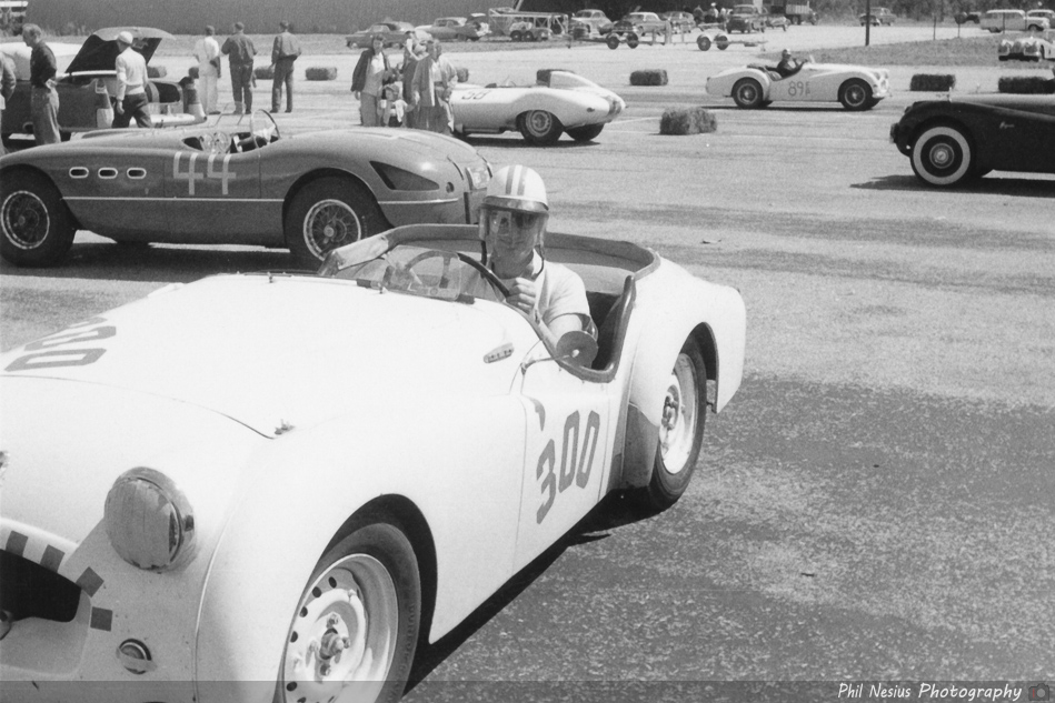 Triumph TR2 Number 300 driven by Bob Goldich with Ferrari 250 MM Number 44 driven by Gene Greenspun in background at Walterboro National Championship Sports Car Race March 10th 1956 ~ 952_0005 ~ 