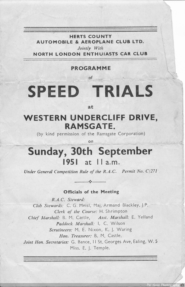 Program coverpage 1 of 4 of the Ramsgate Speed Trials September 30th 1951 ~ Ramsgate_Speed_Trials_1951_0001 ~ 
