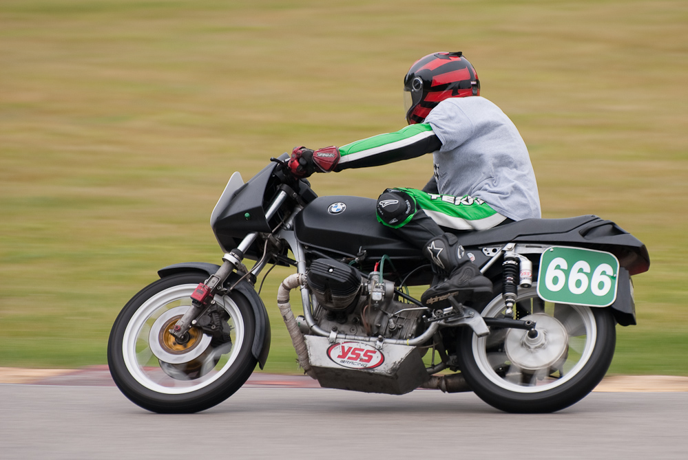 Paul Bates on a BMW No 666 in the bend, Road America, Elkhart Lake, WI