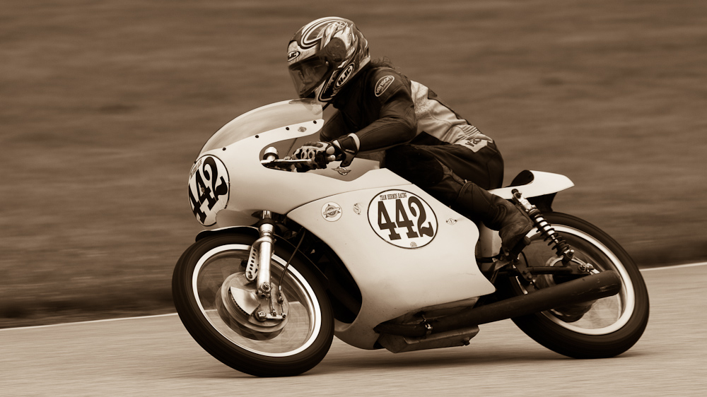 John Stephens on a 1972 Ducati, No 442 in the bend, Road America, Elkhart Lake, WI