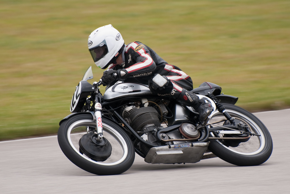 Alex Mclean riding a 1961 Norton, No 122 in the bend, Road America, Elkhart Lake, WI 