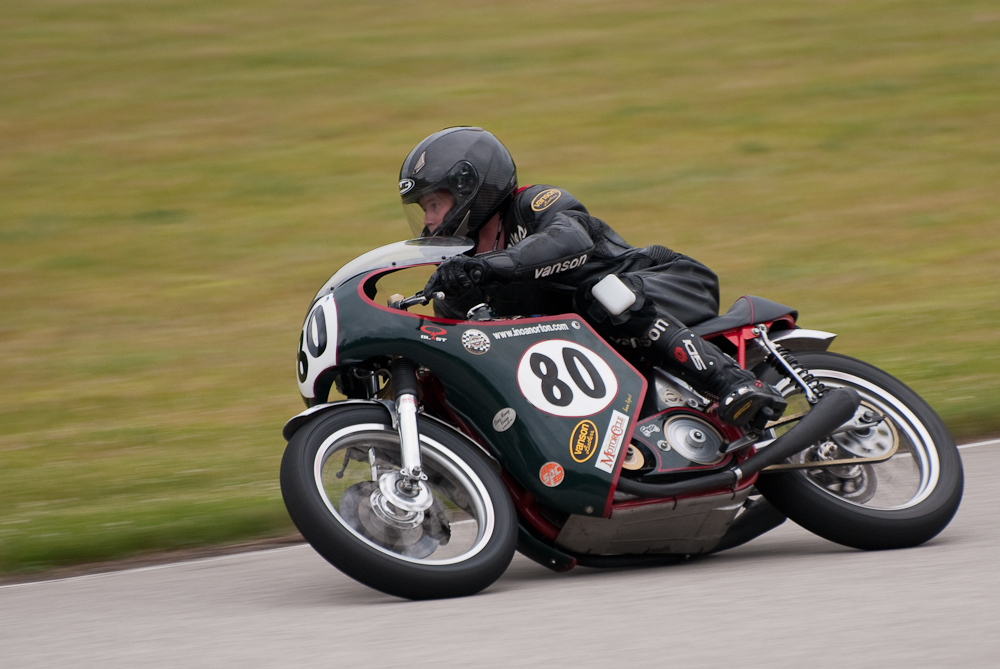 Wesley Goodpaster riding a Norton, No 80 in the bend, Road America, Elkhart Lake, WI