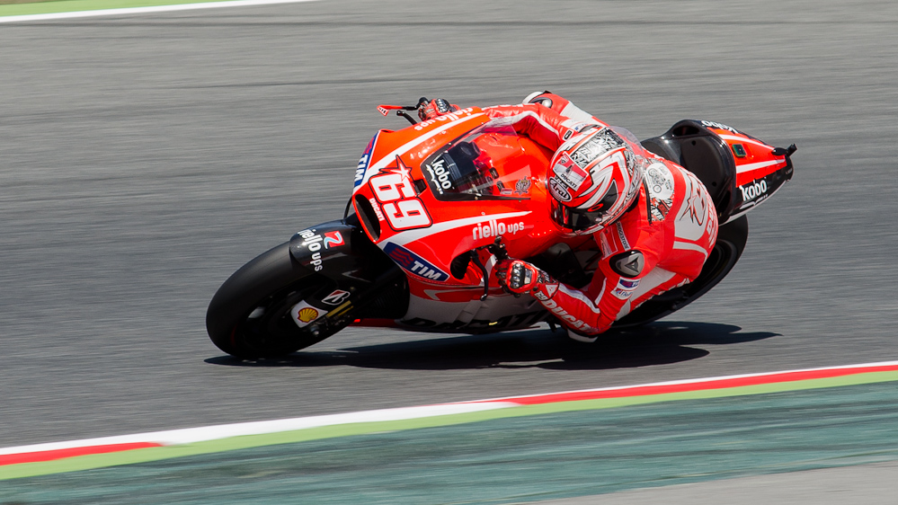 Nicky Hayden on the #69 GP13 Ducati Desmosedici GP13 at Circuit de Catalunya turn 2 / DSC_6036