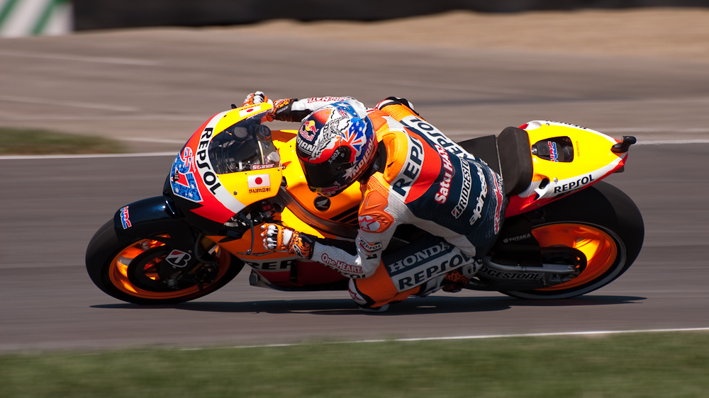 Casey Stoner on the number 27 Repsol Honda RC212V in turn 6, Indianapolis Motor Speedway  ~  DSC_3233