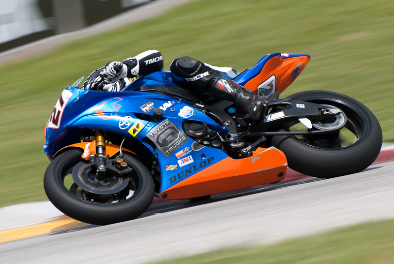 Dominic Jones, No. 27 on the Four Feathers Racing Yamaha YZF-R6 in turn 7, Road America, Elkhart Lake, WI