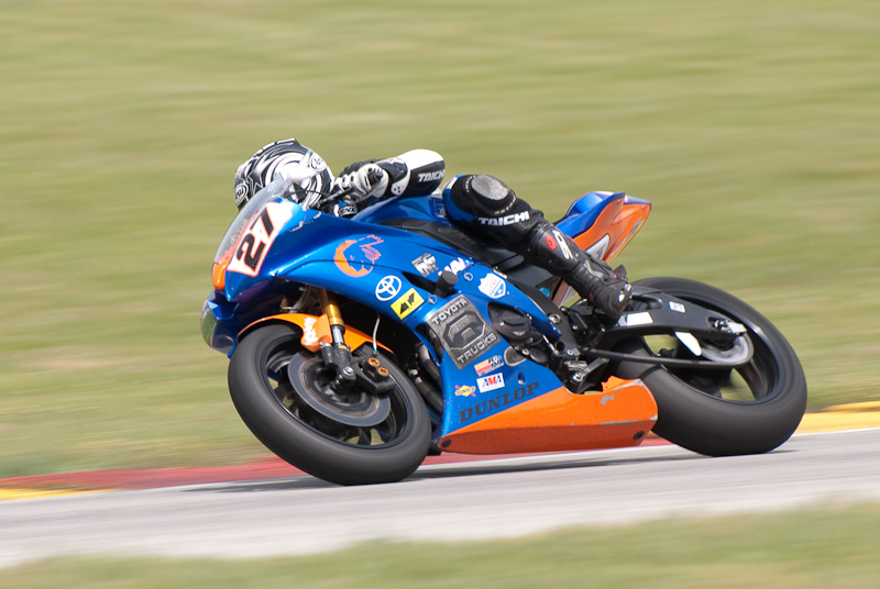 Dominic Jones, No. 27on the Four Feathers Racing Yamaha YZF-R6 in turn 7, Road America, Elkhart Lake, WI