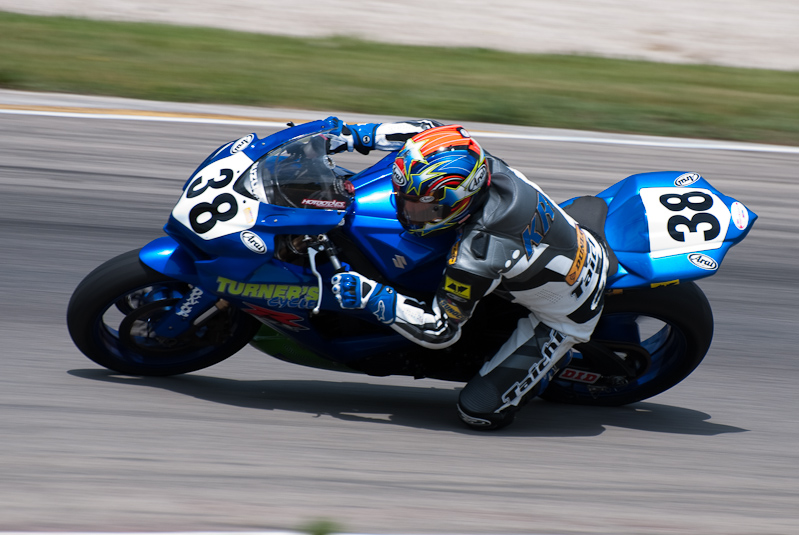 Kris Turner, No. 38 on the Turner`s Cycle Racing Suzuki GSX-R600 in turn 6, Road America, Elkhart Lake, WI