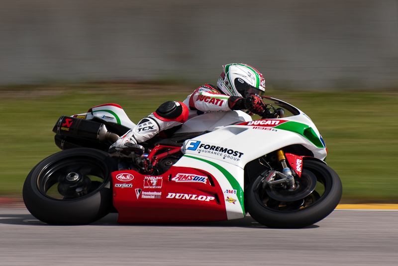 Larry Pegram, No. 72 on the Foremost Insurance •Pegram Racing Ducati 1098R in turn 13, Road America, Elkhart Lake, WI