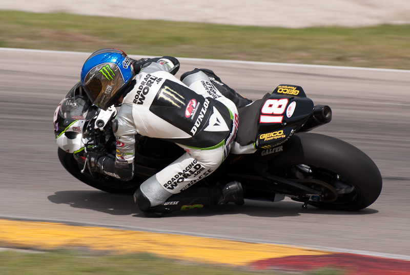 Chris Ulrich, No. 18 on the M4 Monster Energy Suzuki GSX-R1000 in turn 6, Road America, Elkhart Lake, WI