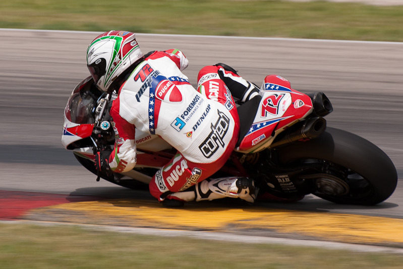Larry Pegram, No. 72 on the Foremost Insurance •Pegram Racing Ducati 1098R in turn 6, Road America, Elkhart Lake, WI