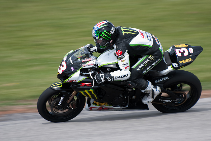 Jake Holden, No. 3 on the Monster Energy M4 Suzuki GSX-R1000 in turn 6, Road America, Elkhart Lake, WI