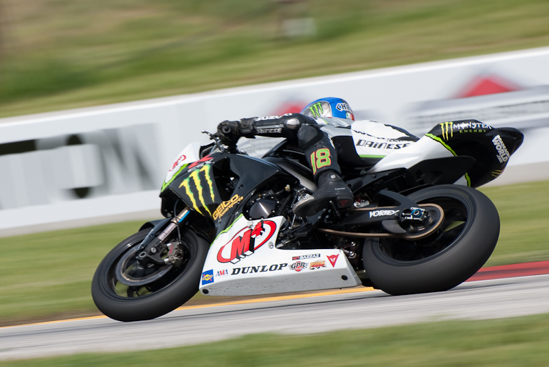 Chris Ulrich, No. 18 on the M4 Monster Energy Suzuki GSX-R1000 in turn 7, Road America, Elkhart Lake, WI