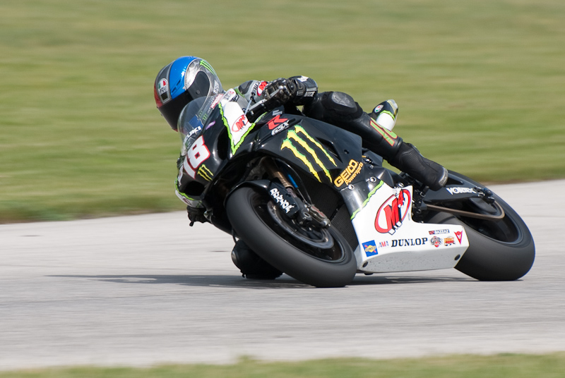 Chris Ulrich, No. 18 on the M4 Monster Energy Suzuki GSX-R1000 in turn 7, Road America, Elkhart Lake, WI