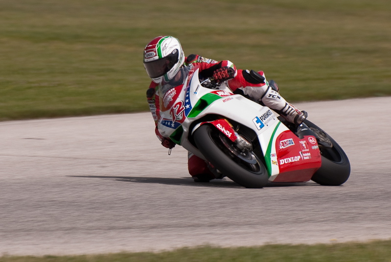 Larry Pegram, No. 72 on the Foremost Insurance •Pegram Racing Ducati 1098R in turn 7, Road America, Elkhart Lake, WI