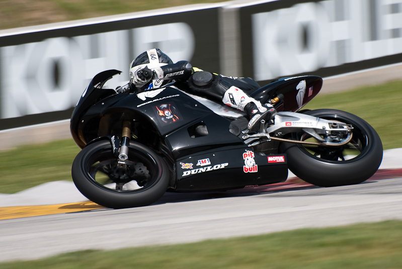Geoff May, No. 99 on the Erik Buell Racing Buell 1125RR in turn 7, Road America, Elkhart Lake, WI