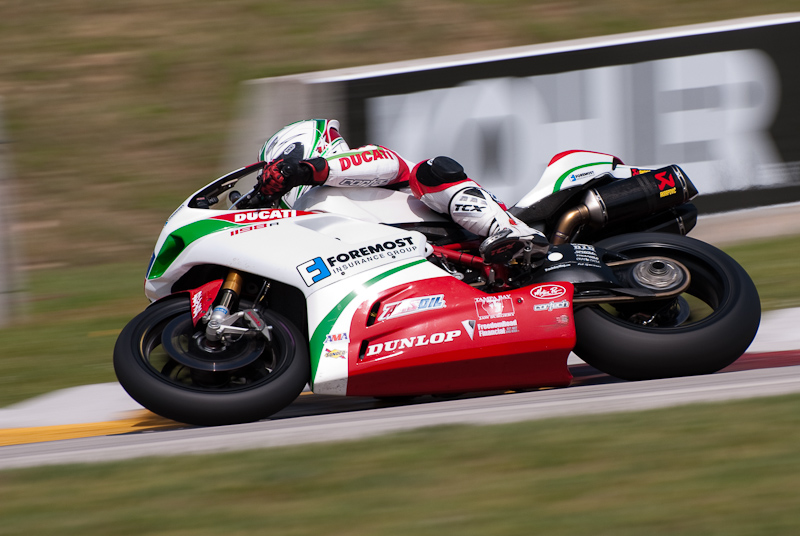 Larry Pegram, No. 72 on the Foremost Insurance •Pegram Racing Ducati 1098R in turn 7, Road America, Elkhart Lake, WI