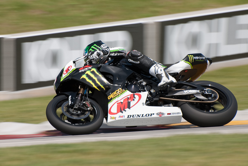 Jake Holden, No. 3 on the Monster Energy M4 Suzuki GSX-R1000 in turn 7, Road America, Elkhart Lake, WI