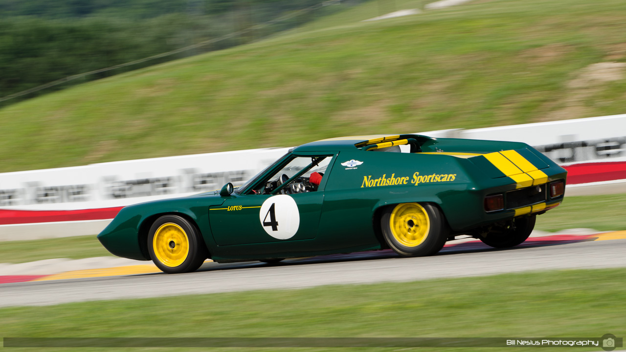 1970 Lotus Europa #4 driven by Norb Bries at Road America, Elkhart Lake, WI. Turn 7 / DSC_0288