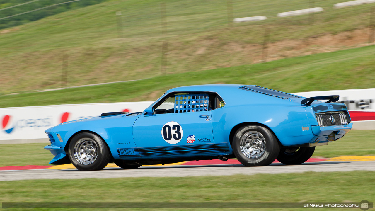 1970 Ford Mustang Mach-1 #03 driven by David Carpenter at Road America, Elkhart Lake, WI. Turn 7 / DSC_9717