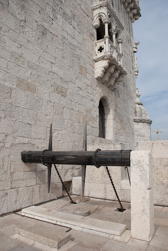 Drawbridge lift at Belem Tower or the Tower of St Vincent built in the early 16th century