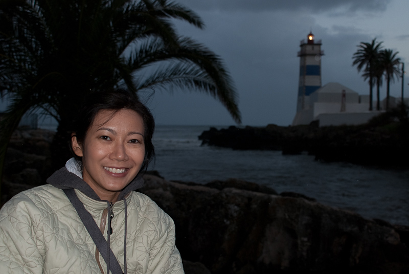 Sutaya in front of Santa Marta Lighthouse in Cascais