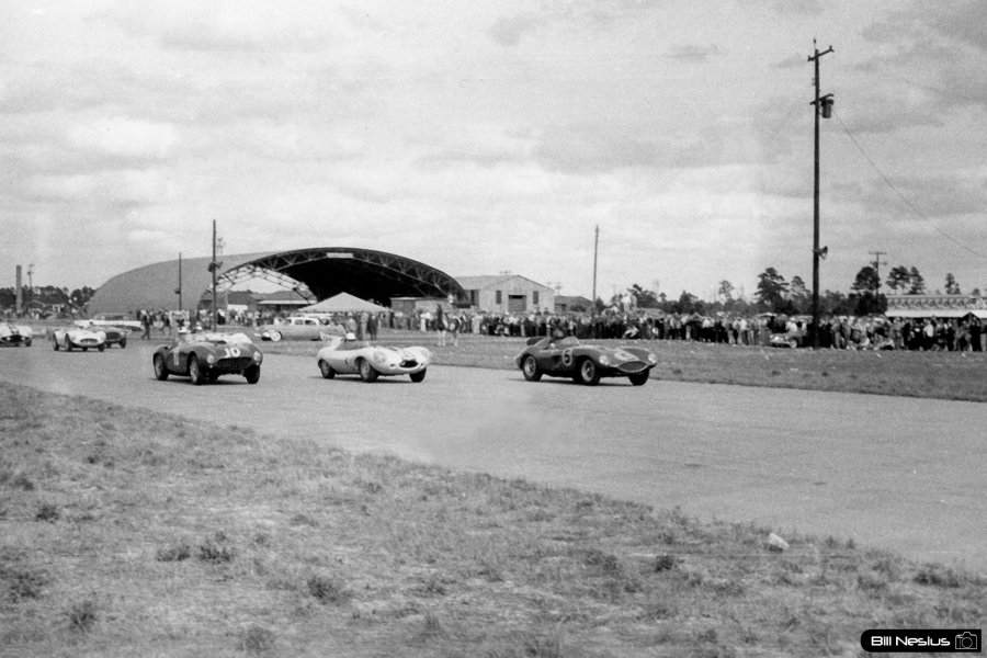 Ferrari 121 LM Number 5 driven by Jim Kimberly and Jaguar D-type Number 59 driven by Sherwood Johnston and Ferrari 375 MM Number 10 driven by John Kilborn at Walterboro National Championship Sports Car Race March 10th 1956 / 952_0001 / 