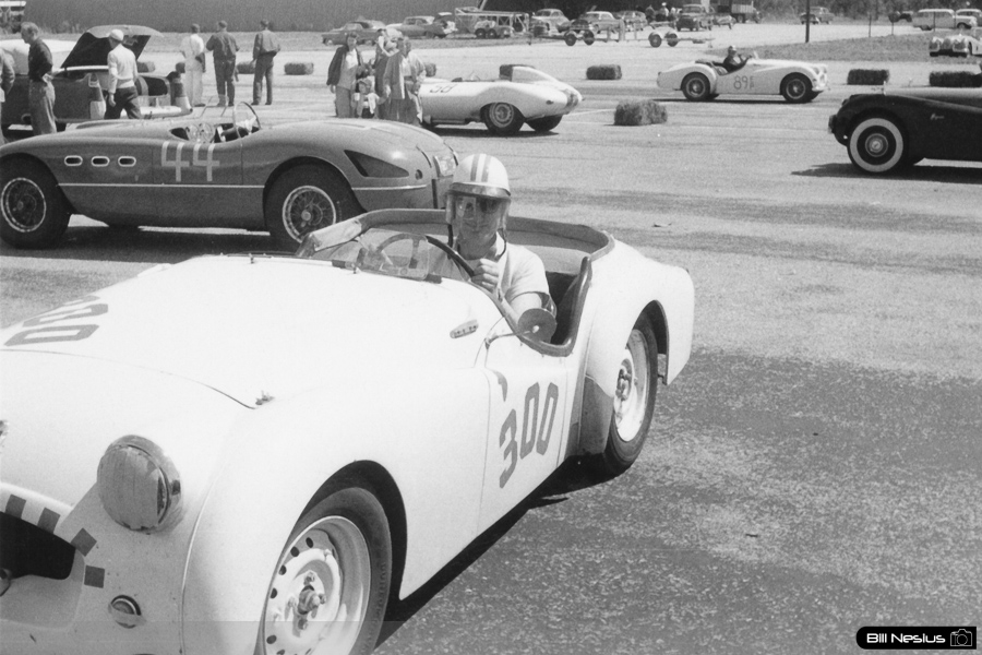 Triumph TR2 Number 300 driven by Bob Goldich with Ferrari 250 MM Number 44 driven by Gene Greenspun in background at Walterboro National Championship Sports Car Race March 10th 1956 / 952_0005 / 