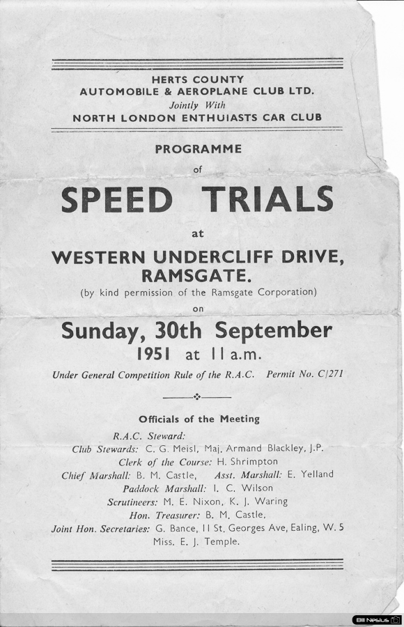 Program coverpage 1 of 4 of the Ramsgate Speed Trials September 30th 1951 / Ramsgate_Speed_Trials_1951_0001 / 